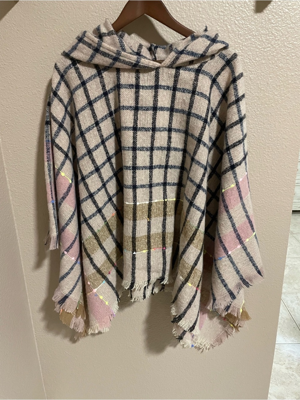 Marc New York Hooded Plaid Poncho in Cream, Navy and Pink